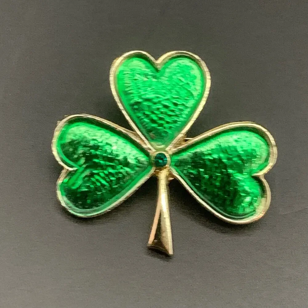 Vintage Shamrock Clover Rhinestone Brooch Pin - Picture 1 of 4